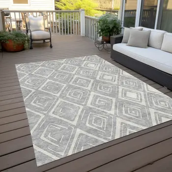 10' X 14' Silver And Ivory Geometric Washable Indoor Outdoor Area Rug