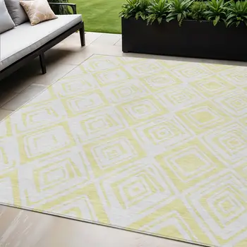 5' X 8' Yellow And Ivory Geometric Washable Indoor Outdoor Area Rug