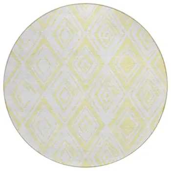 8' Yellow And Ivory Round Geometric Washable Indoor Outdoor Area Rug