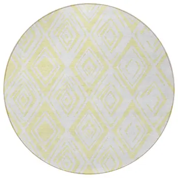 8' Yellow And Ivory Round Geometric Washable Indoor Outdoor Area Rug