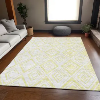 8' X 10' Yellow And Ivory Geometric Washable Indoor Outdoor Area Rug
