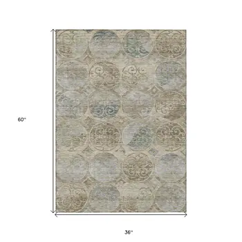 3' X 5' Beige Taupe And Blue Trellis Washable Indoor Outdoor Area Rug