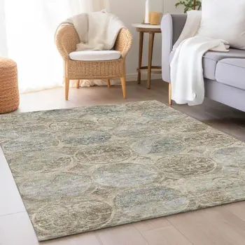 3' X 5' Beige Taupe And Blue Trellis Washable Indoor Outdoor Area Rug