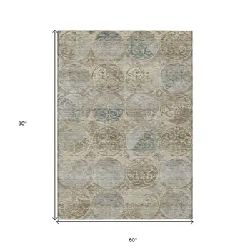 5' X 8' Beige Taupe And Blue Trellis Washable Indoor Outdoor Area Rug
