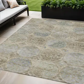 5' X 8' Beige Taupe And Blue Trellis Washable Indoor Outdoor Area Rug