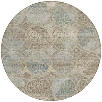 8' Beige Taupe And Blue Round Trellis Washable Indoor Outdoor Area Rug