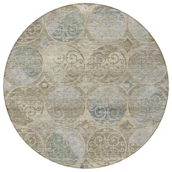 8' Beige Taupe And Blue Round Trellis Washable Indoor Outdoor Area Rug