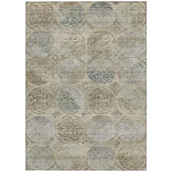 9' X 12' Beige Taupe And Blue Trellis Washable Indoor Outdoor Area Rug