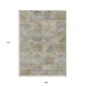 9' X 12' Beige Taupe And Blue Trellis Washable Indoor Outdoor Area Rug