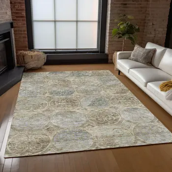 9' X 12' Beige Taupe And Blue Trellis Washable Indoor Outdoor Area Rug