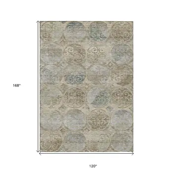 10' X 14' Beige Taupe And Blue Trellis Washable Indoor Outdoor Area Rug