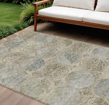 10' X 14' Beige Taupe And Blue Trellis Washable Indoor Outdoor Area Rug