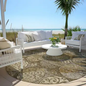 8' Brown Taupe And Gray Round Trellis Washable Indoor Outdoor Area Rug