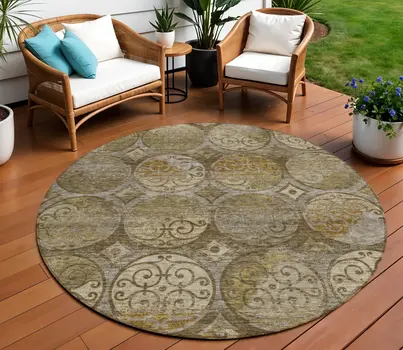 8' Brown Taupe And Gray Round Trellis Washable Indoor Outdoor Area Rug