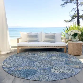 8' Navy Blue And Sky Blue Round Trellis Washable Indoor Outdoor Area Rug