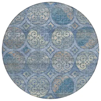 8' Navy Blue And Sky Blue Round Trellis Washable Indoor Outdoor Area Rug