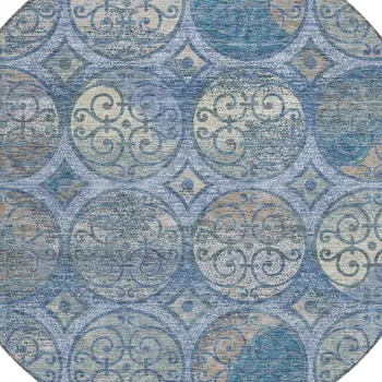 8' Navy Blue And Sky Blue Round Trellis Washable Indoor Outdoor Area Rug