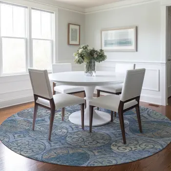 8' Navy Blue And Sky Blue Round Trellis Washable Indoor Outdoor Area Rug