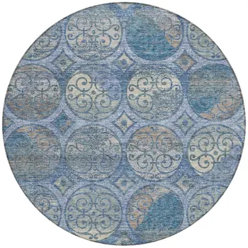 8' Navy Blue And Sky Blue Round Trellis Washable Indoor Outdoor Area Rug