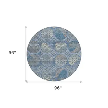 8' Navy Blue And Sky Blue Round Trellis Washable Indoor Outdoor Area Rug