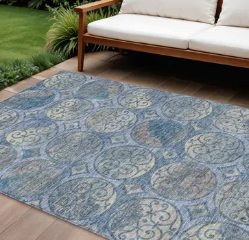 8' X 10' Navy Blue And Sky Blue Trellis Washable Indoor Outdoor Area Rug