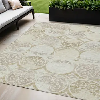 5' X 8' Ivory Beige And Taupe Trellis Washable Indoor Outdoor Area Rug