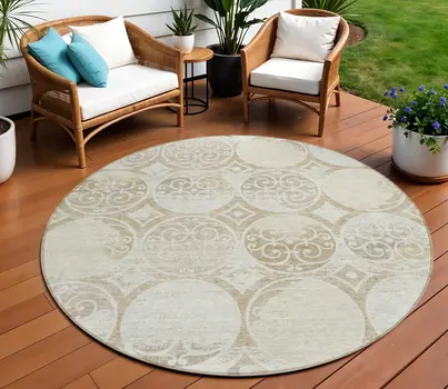 8' Ivory Beige And Taupe Round Trellis Washable Indoor Outdoor Area Rug