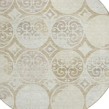 8' Ivory Beige And Taupe Round Trellis Washable Indoor Outdoor Area Rug