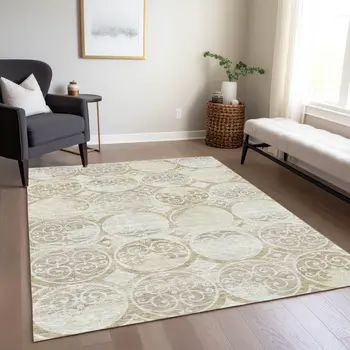 8' X 10' Ivory Beige And Taupe Trellis Washable Indoor Outdoor Area Rug