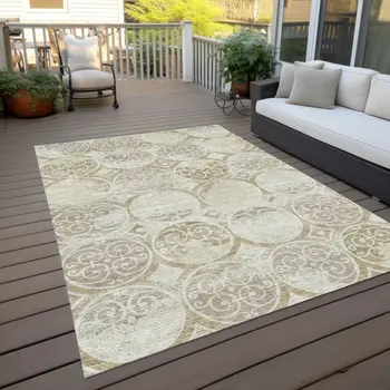 9' X 12' Ivory Beige And Taupe Trellis Washable Indoor Outdoor Area Rug