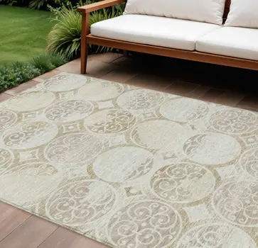 10' X 14' Ivory Beige And Taupe Trellis Washable Indoor Outdoor Area Rug