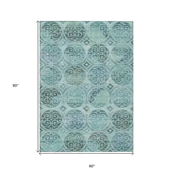 5' X 8' Teal Blue And Aqua Trellis Washable Indoor Outdoor Area Rug