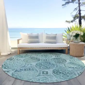 8' Teal Blue And Aqua Round Trellis Washable Indoor Outdoor Area Rug