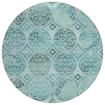 8' Teal Blue And Aqua Round Trellis Washable Indoor Outdoor Area Rug