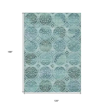 10' X 14' Teal Blue And Aqua Trellis Washable Indoor Outdoor Area Rug