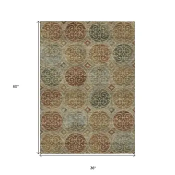 3' X 5' Taupe Green And Gold Trellis Washable Indoor Outdoor Area Rug