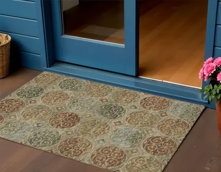 3' X 5' Taupe Green And Gold Trellis Washable Indoor Outdoor Area Rug