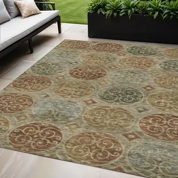 5' X 8' Taupe Green And Gold Trellis Washable Indoor Outdoor Area Rug