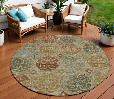 8' Taupe Green And Gold Round Trellis Washable Indoor Outdoor Area Rug
