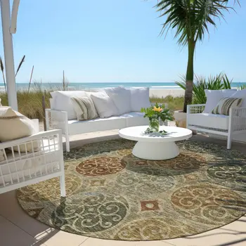 8' Taupe Green And Gold Round Trellis Washable Indoor Outdoor Area Rug