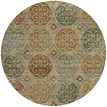 8' Taupe Green And Gold Round Trellis Washable Indoor Outdoor Area Rug