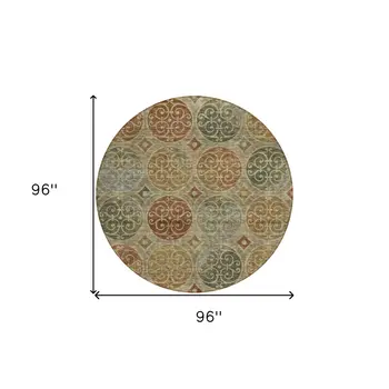8' Taupe Green And Gold Round Trellis Washable Indoor Outdoor Area Rug