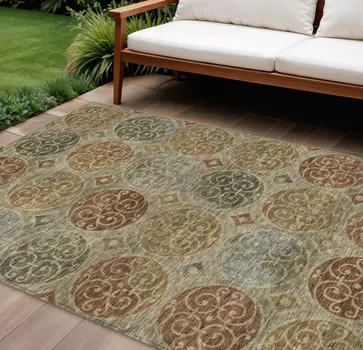 9' X 12' Taupe Green And Gold Trellis Washable Indoor Outdoor Area Rug