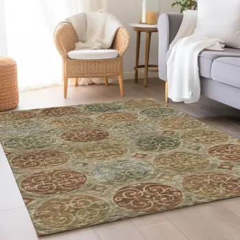 10' X 14' Taupe Green And Gold Trellis Washable Indoor Outdoor Area Rug