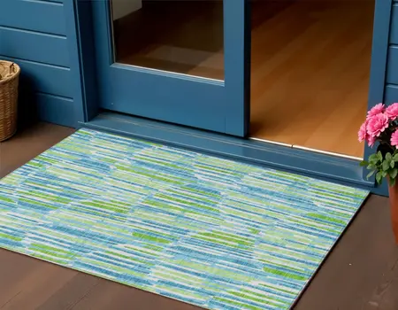 3' X 5' Aqua Teal Blue And Lime Green Abstract Washable Indoor Outdoor Area Rug