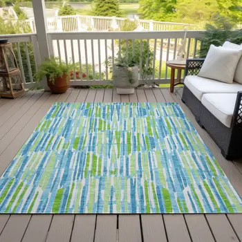5' X 8' Aqua Teal Blue And Lime Green Abstract Washable Indoor Outdoor Area Rug