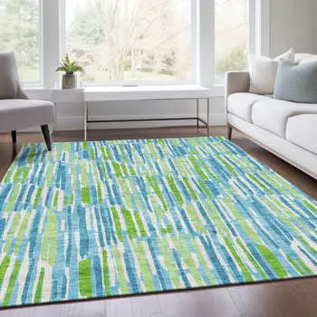 5' X 8' Aqua Teal Blue And Lime Green Abstract Washable Indoor Outdoor Area Rug