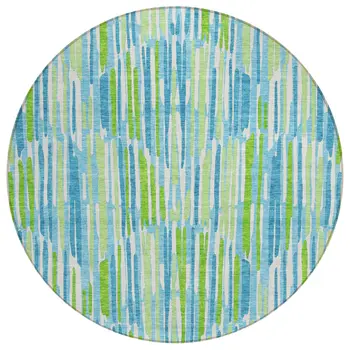 8' Aqua Teal Blue And Lime Green Round Abstract Washable Indoor Outdoor Area Rug