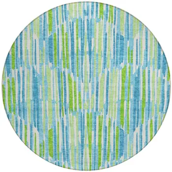8' Aqua Teal Blue And Lime Green Round Abstract Washable Indoor Outdoor Area Rug