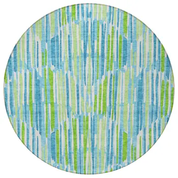 8' Aqua Teal Blue And Lime Green Round Abstract Washable Indoor Outdoor Area Rug